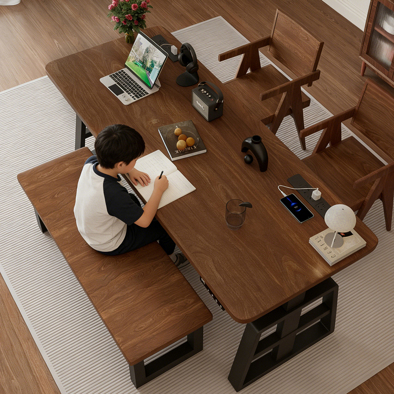 Walnut-Colored Solid Wood Large Board Table, Electric Lift Table, Dual-Purpose for Living Room and Home Use, Double-Person Desk, Computer Desk