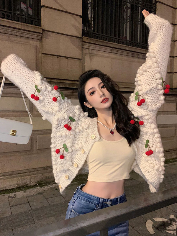 Gentle and Lazy Style Cherry Cardigan Sweater for Women, New 2025 Autumn and Winter Niche Design Soft and Cozy Knit Jacket