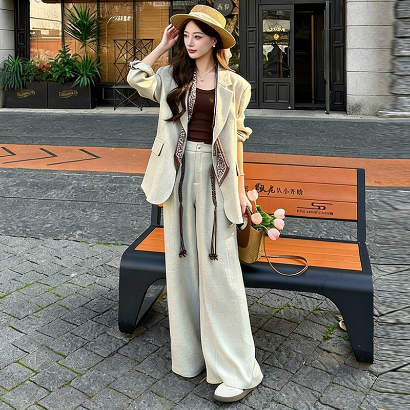 Fashionable Commuter Style Suit for Women, New Spring Collection, Versatile Slim-Fit Blazer with Drapey Wide-Leg Pants, Casual Set