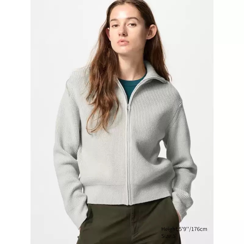 Foreign Trade Daily Order U+ Solid Color Zipper High Collar Autumn and Winter Knitted Cardigan for Women, Loose and Slimming Sweater Jacket 19225