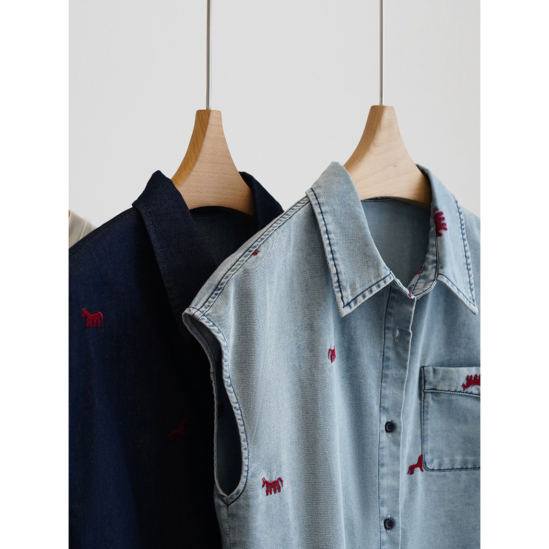 In Stock, Farewell 70% off - Zodiac Horse Red Embroidery ~ Stylish Drawstring Hem Denim Vest for Women＜Yzzj170