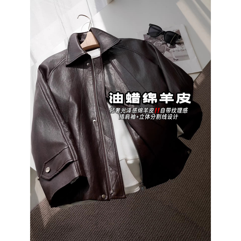 New Product Launch 20% off Cool and Modern! Oil-Waxed Sheepskin ~ Lapel Jacket Leather Coat for Women＜Roezzw001T