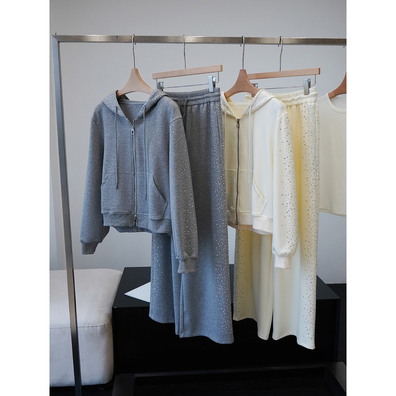 Premium Limited Edition 30% off Galaxy Rhinestone~Cotton Hooded Sweatshirt Cardigan + Wide-Leg Pants Set for Women『Tzzg057