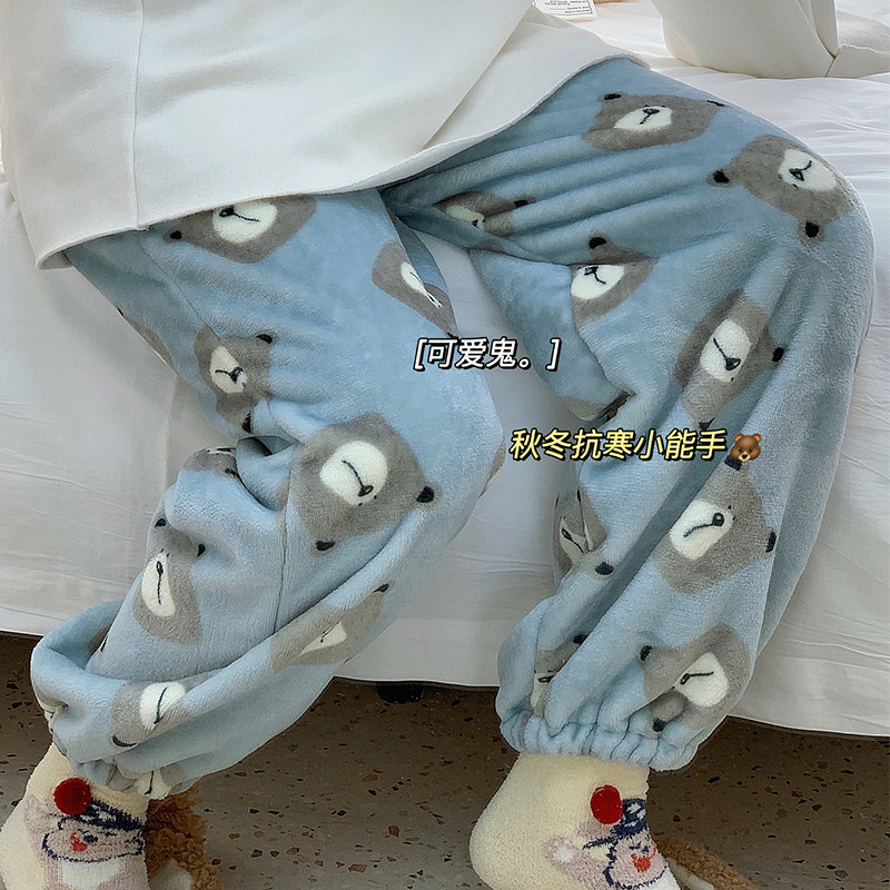 Autumn Winter Thickened Coral Suede Small Bear Sleeping Pants Warm Casual Plush Home Pants Bifacial Suede Trousers