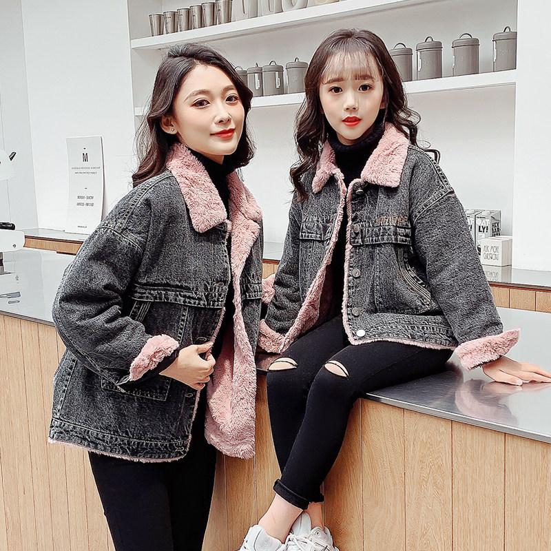 Pro-child clothing 2021 winter clothing new girl net red polenta warm blouse female plus suede thickened denim jacket tide