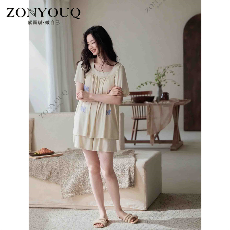 Ziyuqi Modal Pajamas for Women, Summer Thin Style with Built-In Chest Pads, Short-Sleeve and Shorts Set, Casual Homewear, Can Be Worn Outside
