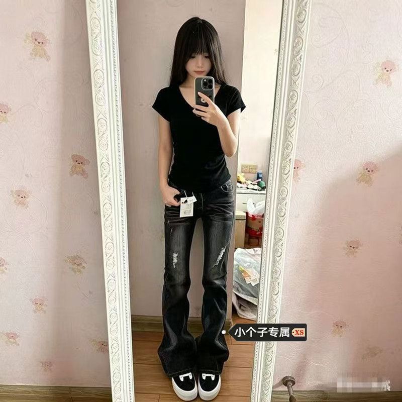 Petite Women's Distressed Flared Jeans, Summer Thin Style, Low-Waist, Slim Fit, Floor-Length Bootcut Pants