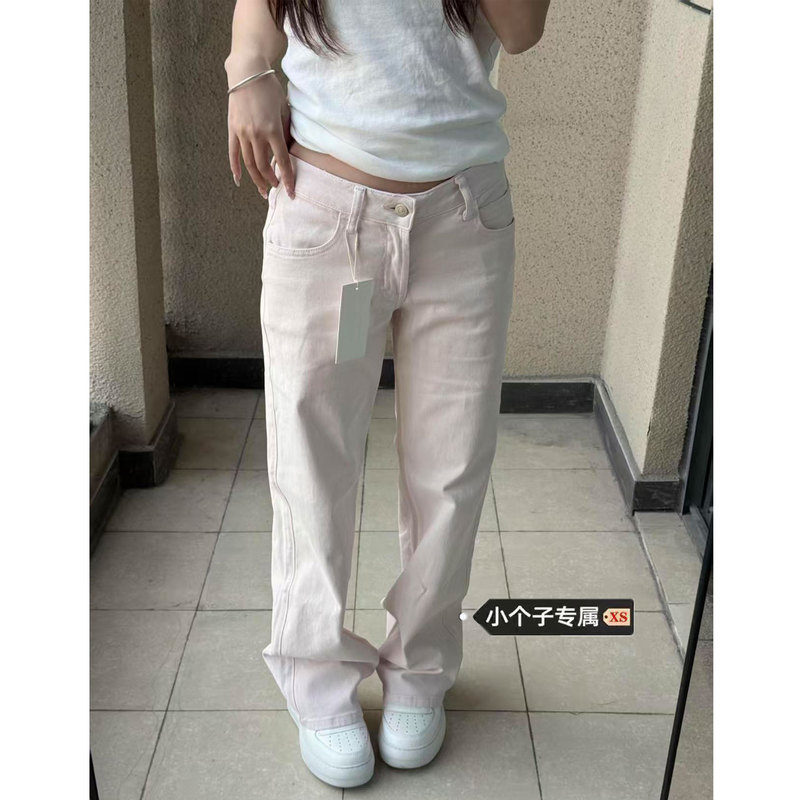 Pink Wide-Leg Straight Jeans for Petite Women, Summer Thin Style, Flattering for Pear-Shaped Body, Floor-Length, Slightly Flared Pants