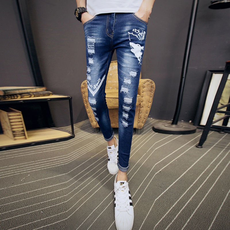 Spring and Autumn Men Nine Mines Jeans Break Han Edition Hang Pattern Taxi Little Foot Tight Pants Pants Beggars