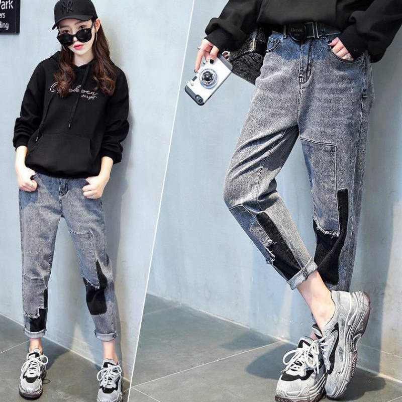 Stitching jeans women's 2020 spring new Korean version loose high waist slim daddy straight all-match harem pants