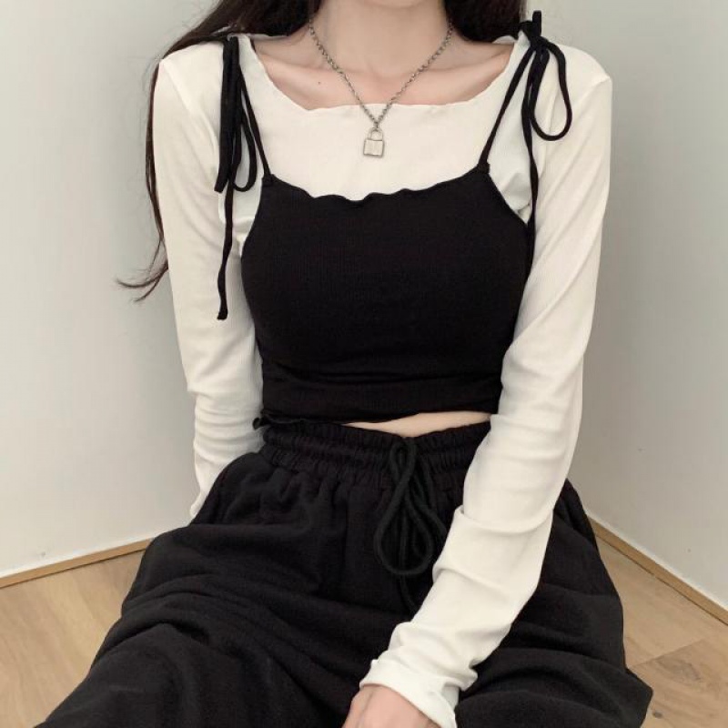 Western-style tie short small suspenders two-piece suit women's one-piece suit early autumn lace long-sleeved top fashion suit