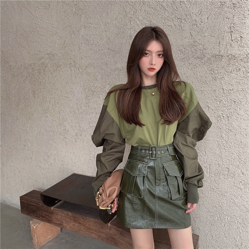 Fashion Suit Women's Clothing Bubble Sleeves Splicing Thick T-Shirt Round Collar Blouse High Waist Leather Dress Korean Version Half Body Dress Two Sets
