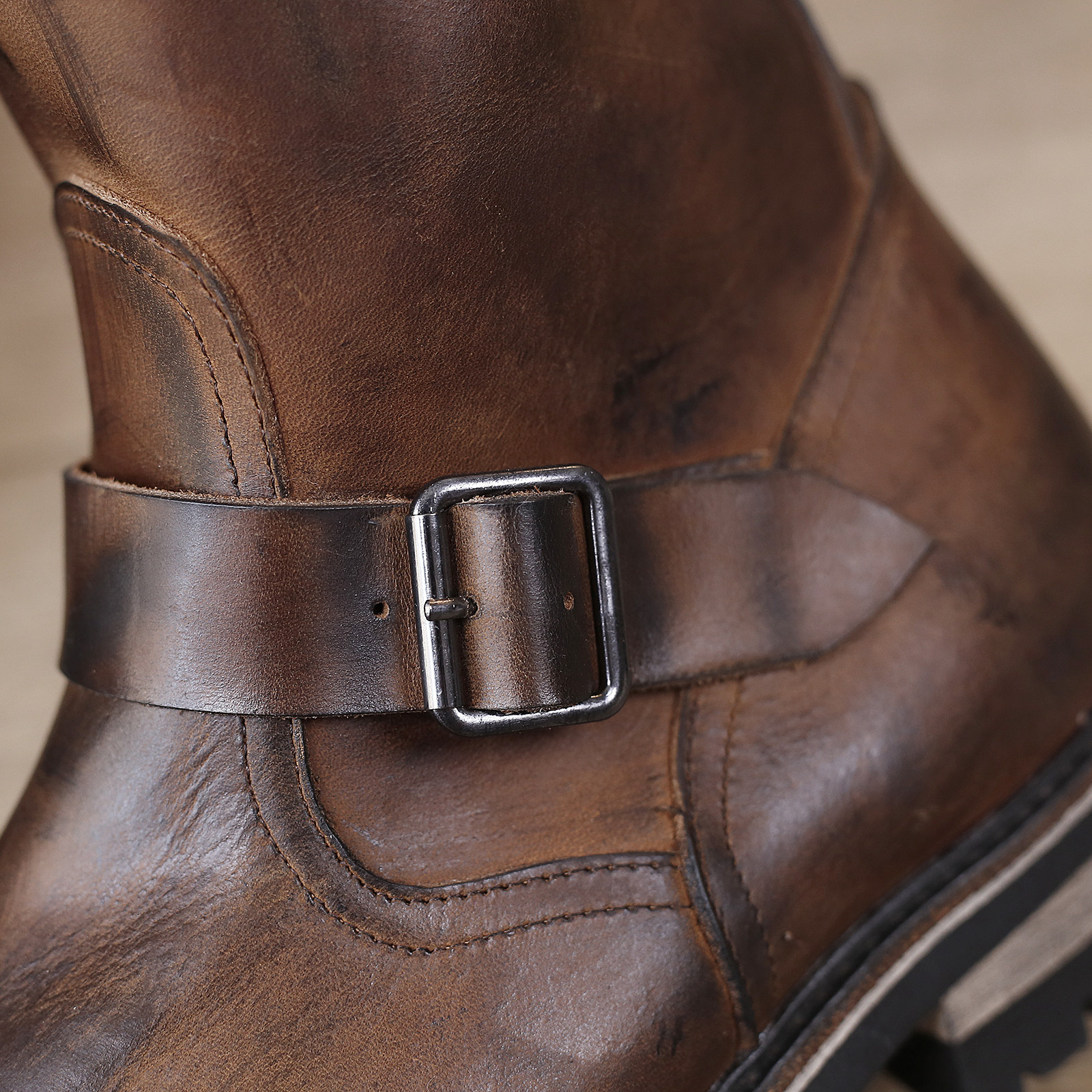 Retro Mens Motorcycle Mid Calf Boots Workwear Zipper Real Leather