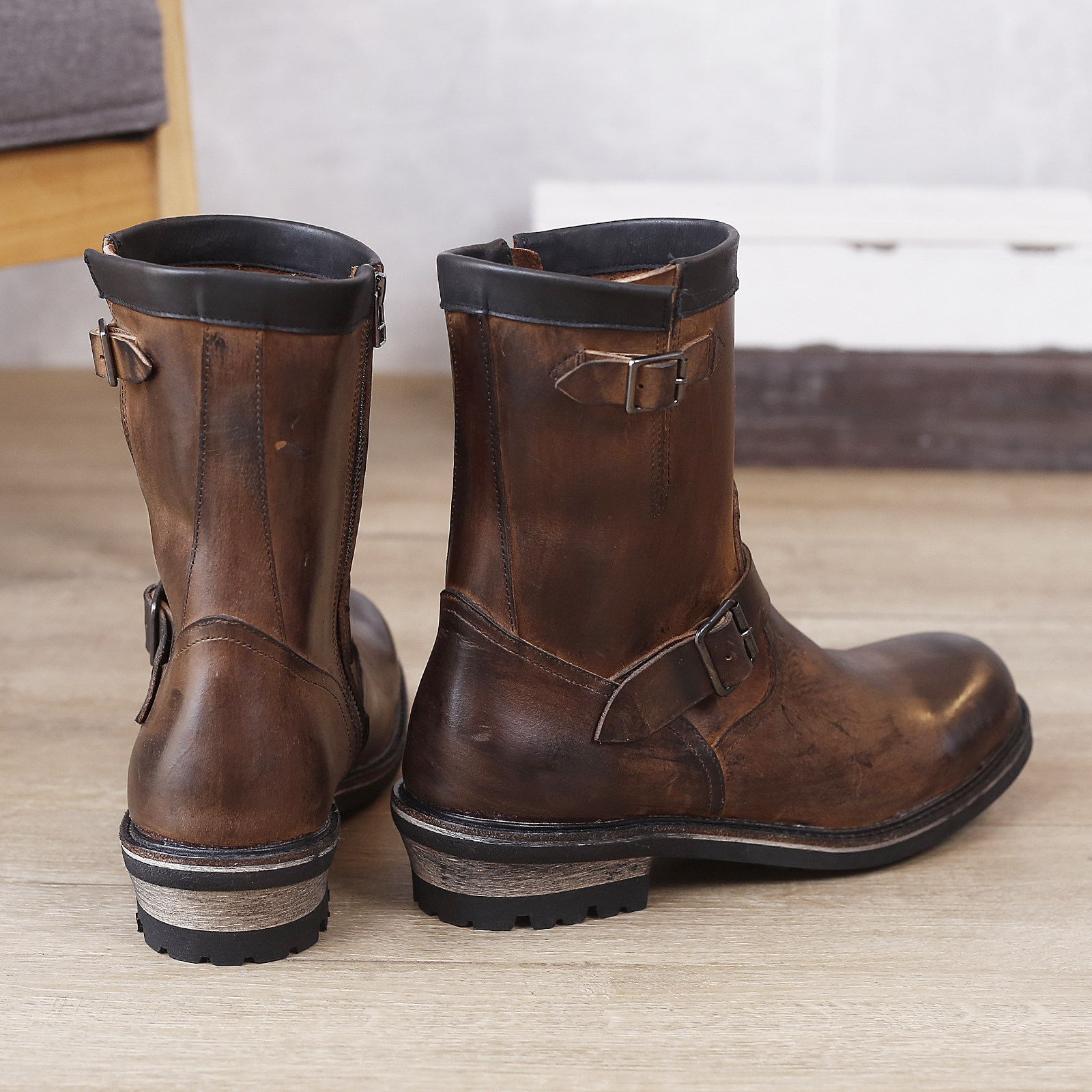 Retro Mens Motorcycle Mid Calf Boots Workwear Zipper Real Leather