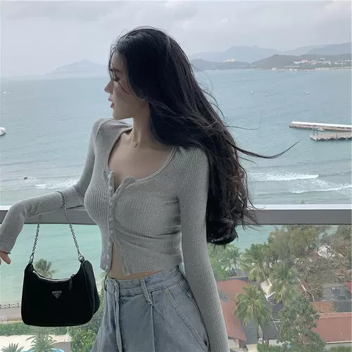 Tide, осенний сексуальный трикотажный лонгслив, короткий свитер, 2020, популярно в интернете, V-образный вырез, высокая талия