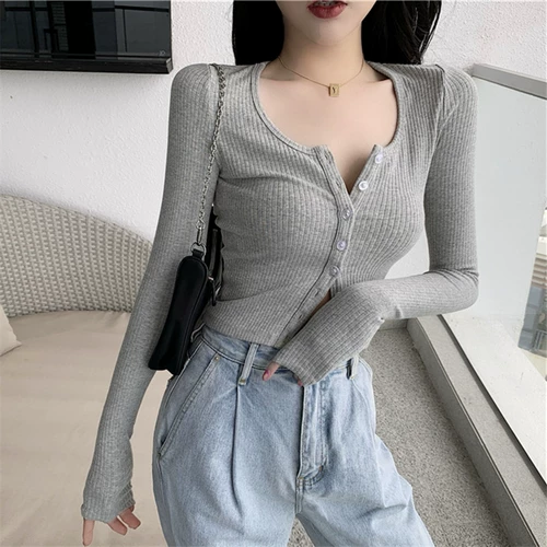 Tide, осенний сексуальный трикотажный лонгслив, короткий свитер, 2020, популярно в интернете, V-образный вырез, высокая талия