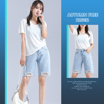 2022 new summer thin ripped denim shorts womens high waist loose and thin Hong Kong style straight five-point pants