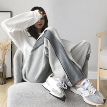 2022 new gray sports pants womens loose casual autumn and winter plus velvet thickening American high-waisted trousers