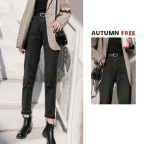 2021 new spring and autumn black daddy jeans women high waist slim loose straight tube nine radish pipe Harlan