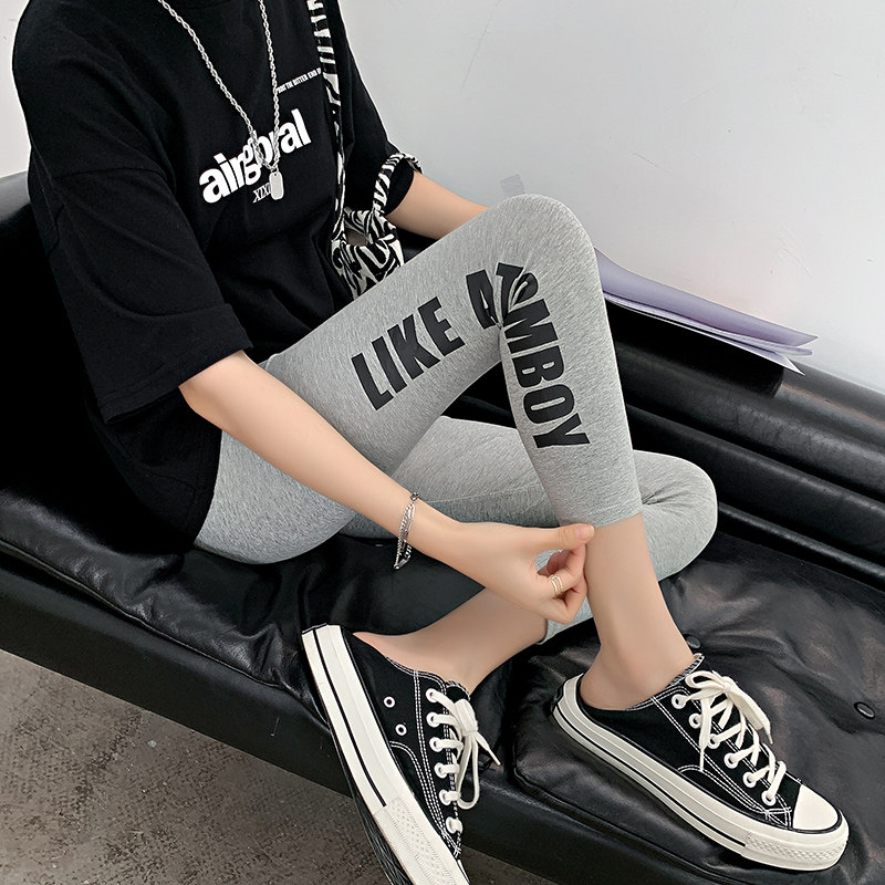 Cotton gray leggings for women outside wear high-waisted belly thin tight stretch small foot letter movement eight-point pants summer