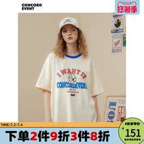 CONCORDEVENT WANT printed T-shirt new loose male and female pure cotton couple Collision Color Collar Short Sleeve