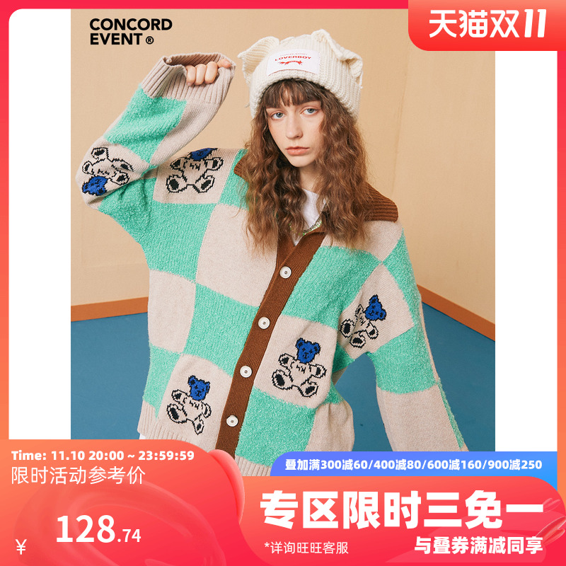 CONCORDEVENT spring national tide brand bear knitted cardigan female couple sweater loose trend all-match coat