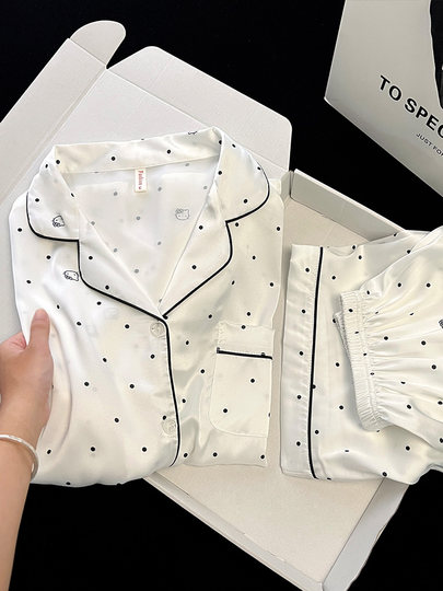 2026 new polka dot pajamas for women, summer ice silk short-sleeved three-piece set, high-end, sweet, can be worn outside, thin home clothes