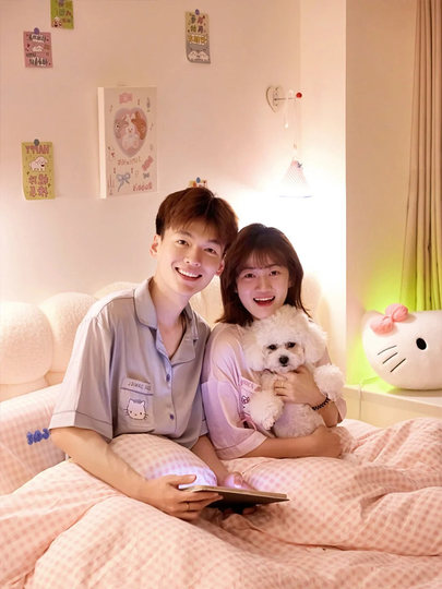 2025 new hellokitty couple pajamas for women spring, autumn and summer ice silk short-sleeved long-sleeved men's home wear