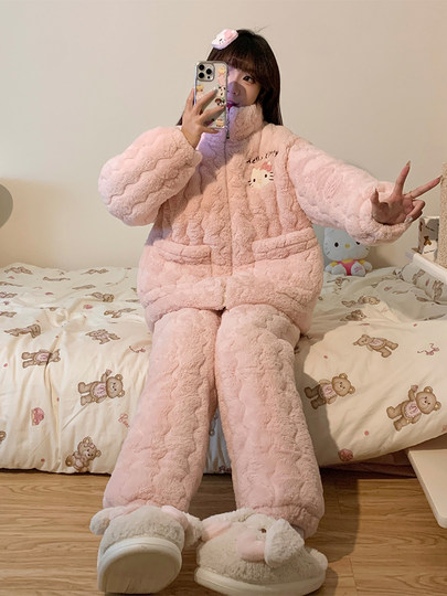 2025 new hellokitty coral velvet pajamas for women winter three-layer quilted plus velvet thickened cute home clothes
