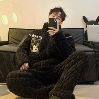 2025 New Coral Fleece Pajamas for Men, Autumn and Winter Hooded Three-Layer Quilted Fleece-Lined Thickened Youth Loungewear