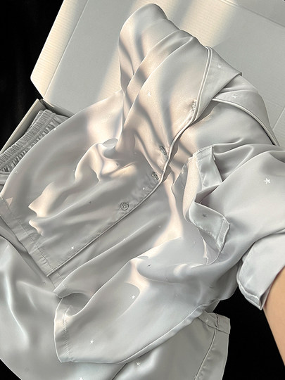 2025 new ice silk pajamas for women summer high-end silver gray star short-sleeved home clothes summer three-piece suit thin