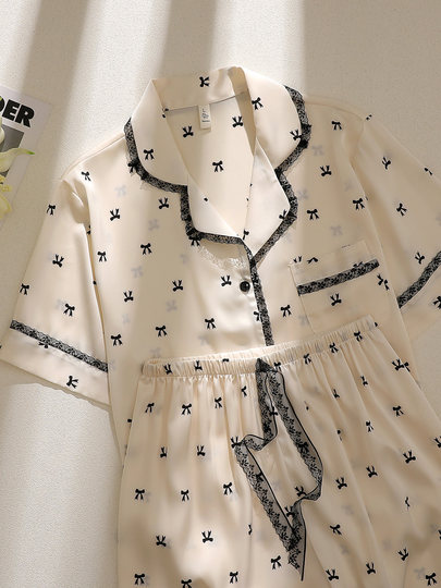 2025 new bow ice silk cool pajamas for girls summer short-sleeved loose high-end luxury home clothes