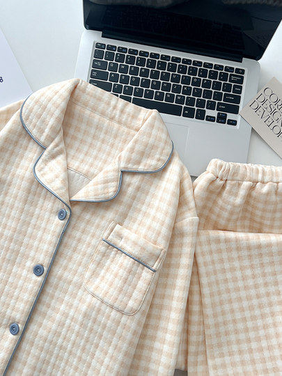 2025 New Yellow Plaid Air Cotton Pajamas Women's Autumn and Winter Warm Sandwich Cotton Sweet Large Size Home Clothes