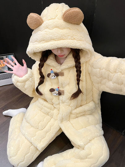 2025 New Style Puppy Hooded Coral Fleece Pajamas for Women, Autumn and Winter, Three-Layer Quilted Thickened Flannel Loungewear