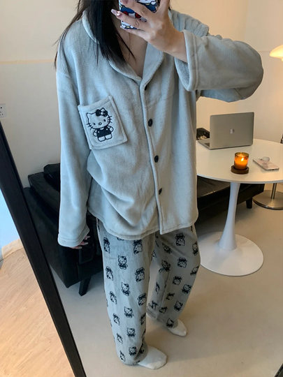 KT Cat 2024 new coral velvet pajamas for women in autumn and winter flannel high-quality plus velvet thickening warm and cute