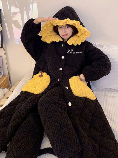 2024 new coral velvet nightgown women's pajamas autumn and winter plus velvet flannel thickening warm sweet and cute