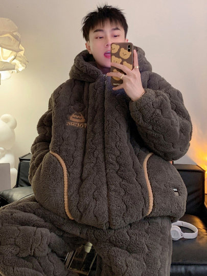 2025 new coral velvet pajamas for men, autumn and winter hooded three-layer quilted plus velvet thickened youth home clothes