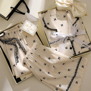 2025 New Style Bow-Knot Ice Silk Cool Pajamas for Girls, Summer Short-Sleeved Loose High-End Luxury Home Wear