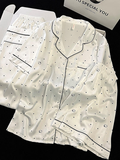 2026 new polka dot pajamas for women, summer ice silk short-sleeved three-piece set, high-end, sweet, can be worn outside, thin home clothes
