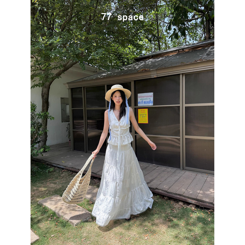 77 Space Korean Style White Suit for Women, New Summer Style, Pure and Sweet, Slimming, Suspender Skirt Two-Piece Set