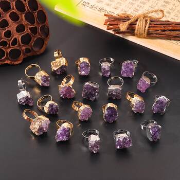 Natural amethyst cluster electroplated gold edge open ring fashionable irregular crystal rough stone ring cross-border