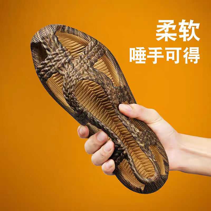 Popular Men's Outdoor Straw Sandals, Retro, Breathable, Soft, Comfortable, Non-Slip, Durable, Couple's Beach Driving Hole Sandals