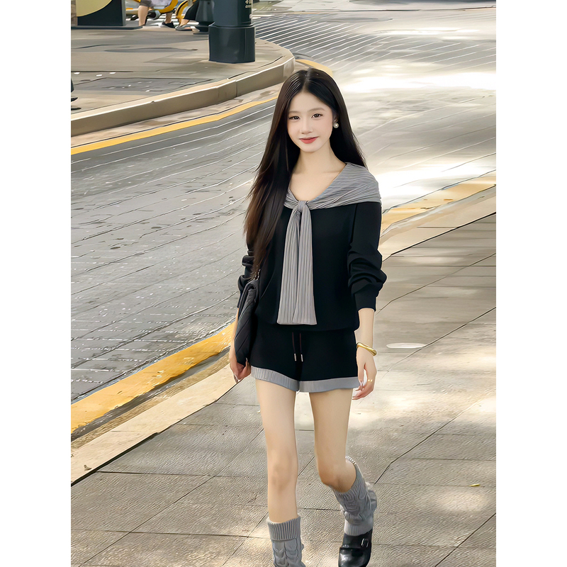 Korean-Style Ins-Style Color-Blocking Youthful Casual Set for Women, 2026 Autumn New Bow-Knot Hooded Sweater + Shorts Korean-Style Ins-Style Color-Blocking Youthful Casual Set for Women, 2026 Autumn New Bow-Knot Hooded Sweater + Shorts
