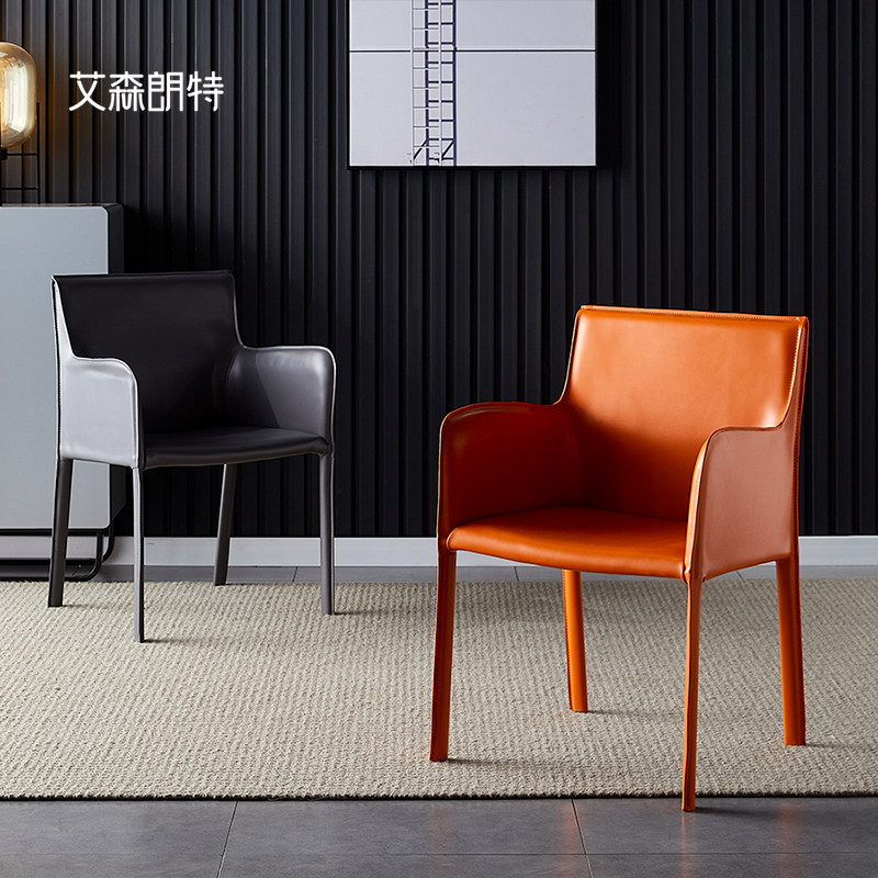 Nordic saddle leather dining chair Home modern minimalist Makeup Chair Dining Room Backrest Stool style light and luxurious armchair