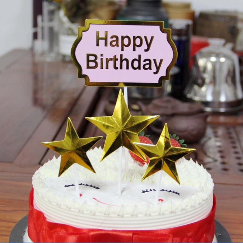 Cake Decoration Inserted Solid Hand Hem Golden Stars Pentagram Happybirthday Baking Finishing Accessories