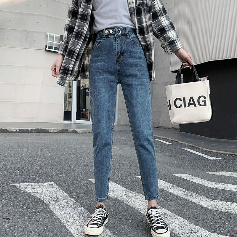 Denim quần cha 2020 mùa xuân Tám điểm phụ nữ nhỏ eo cao mới quần củ cải mỏng ánh sáng màu Harlan quần