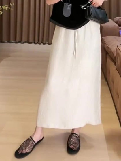 白色松紧腰抽绳亚麻半身裙女2025年春夏新款气质时尚老钱风直筒裙