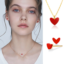 Little Red Heart Necklace S925 Sterling Silver Plated 18K Gold Heart Heart Heart Collarbone Chain Womens Simple INS Red Heart Peach Heart Pendant