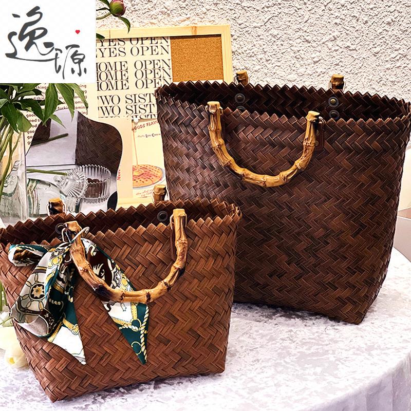 2023 New Style Rattan Handbag, Straw Woven Bag, Bamboo Bag, Women's Summer Retro Handmade Bamboo Tote Bag for Vacation