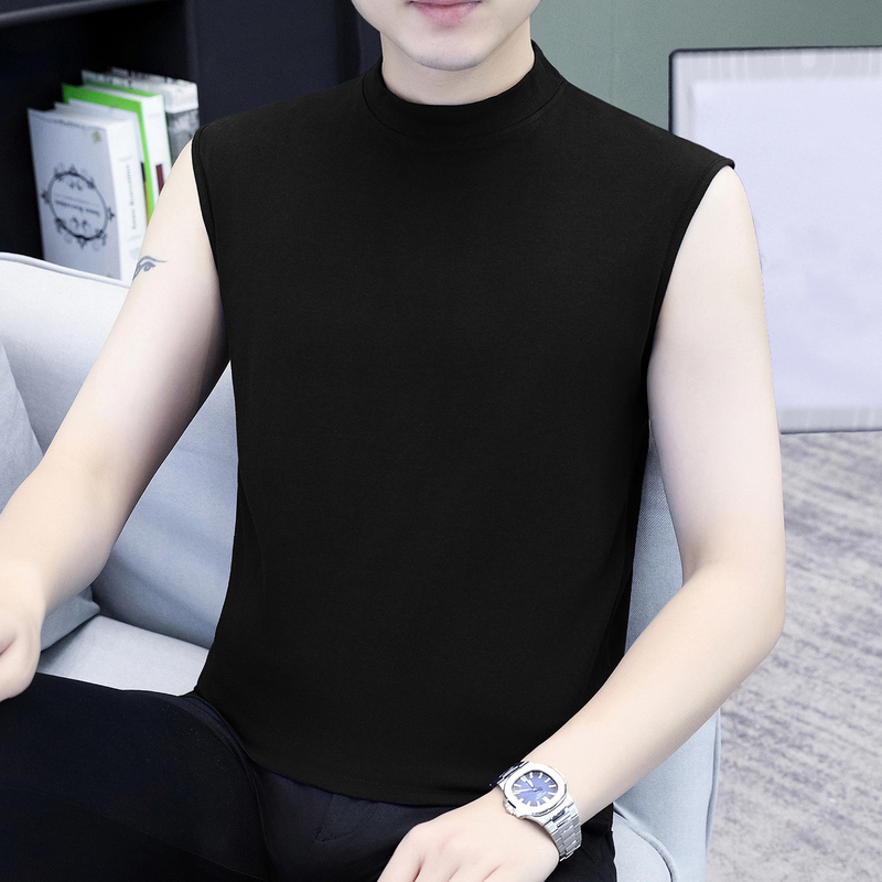 Men's Pure Cotton Half-High Collar Vest, New Summer Trendy Black Sleeveless T-Shirt, Cool and Breathable Thin Tank Top